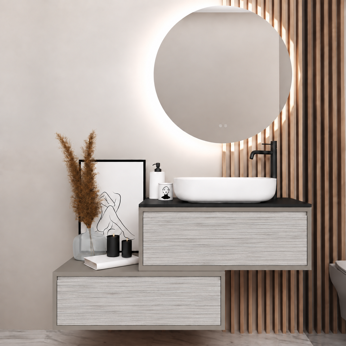 Asymmetrical vanity — cabinet194, drawer719, black upper countertop; taupe lower shelf