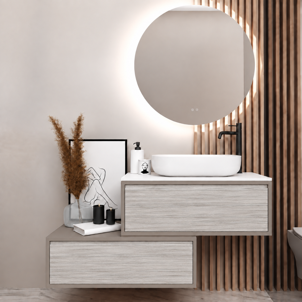 Asymmetrical vanity — cabinet194, drawer719, white upper countertop; taupe lower shelf