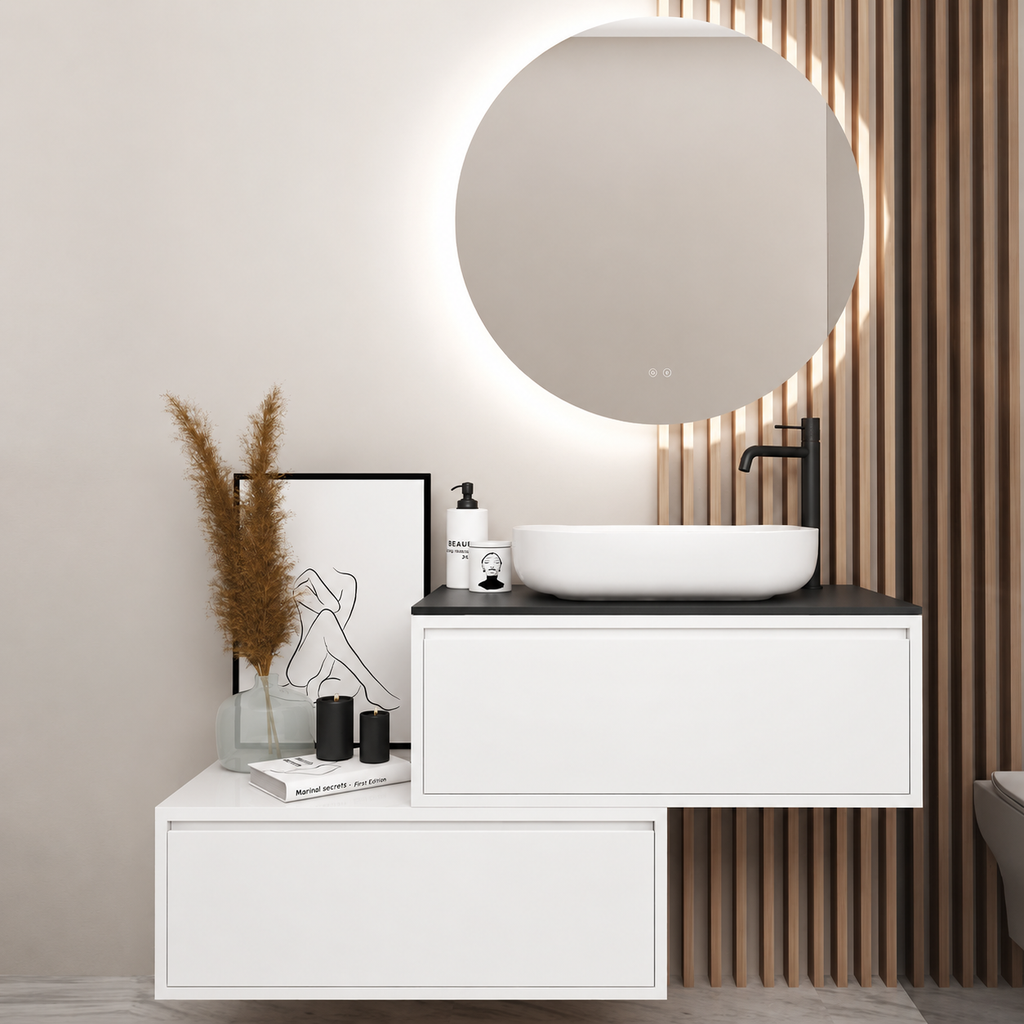 Orabella asymmetrical drawers 6010 cabinet, 101 drawer, black countertop; supplier pictured geometry