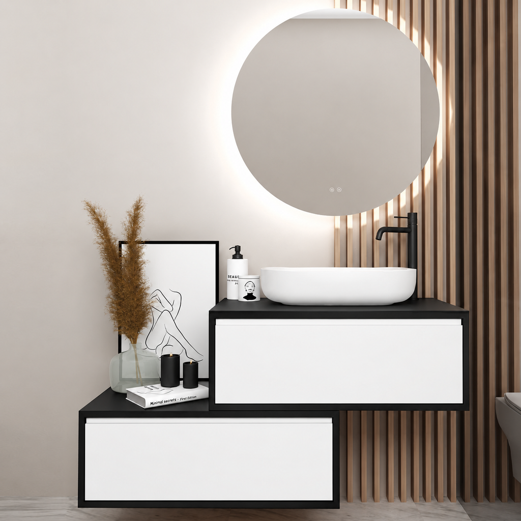 Orabella asymmetrical drawers 6040 cabinet, 101 drawer, black countertop; supplier pictured geometry
