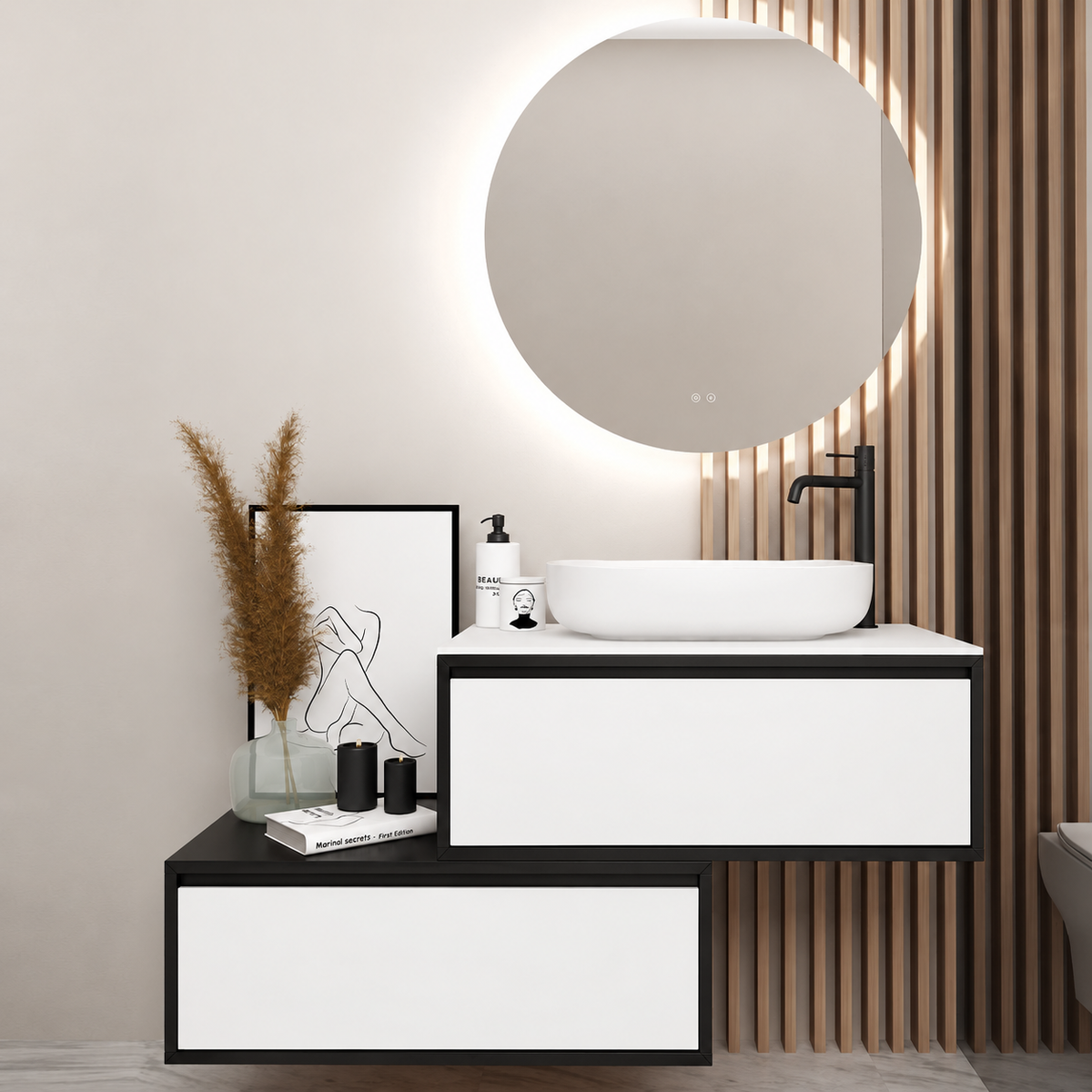 Orabella asymmetrical drawers 6040 cabinet, 101 drawer, white countertop; supplier pictured geometry