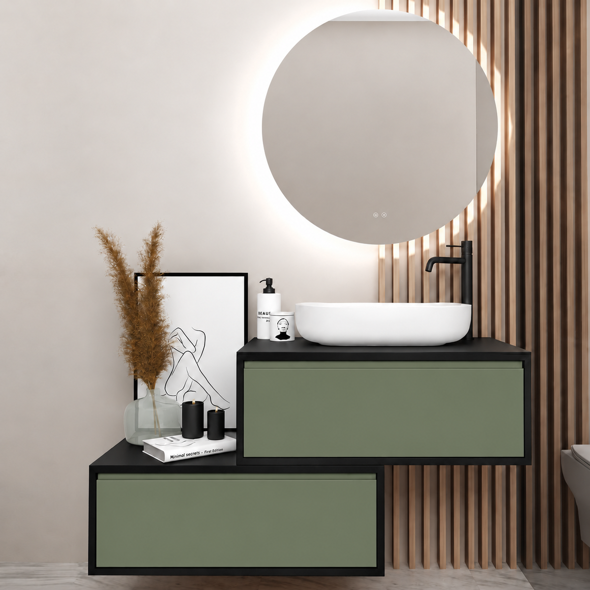 Orabella asymmetrical drawers 6040 cabinet, 162 drawer, black countertop; supplier pictured geometry