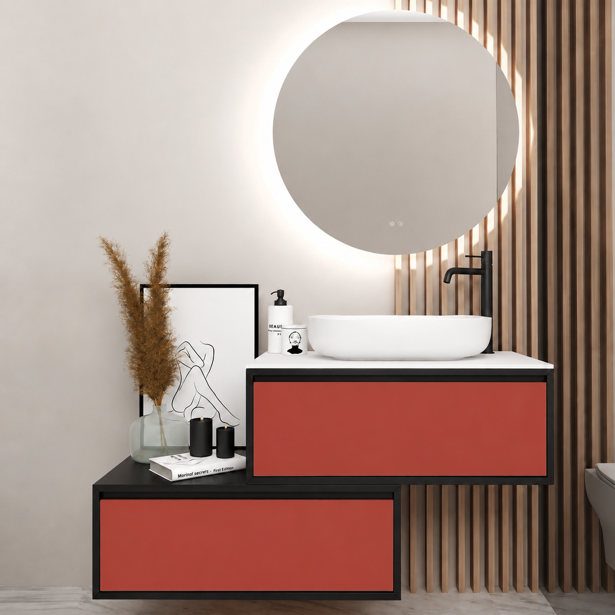 Orabella asymmetrical drawers 6040 cabinet, 165 drawer, white countertop; supplier pictured geometry