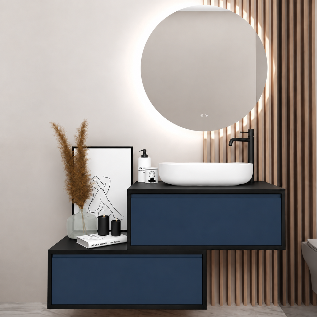 Orabella asymmetrical drawers 6040 cabinet, 167 drawer, black countertop; supplier pictured geometry