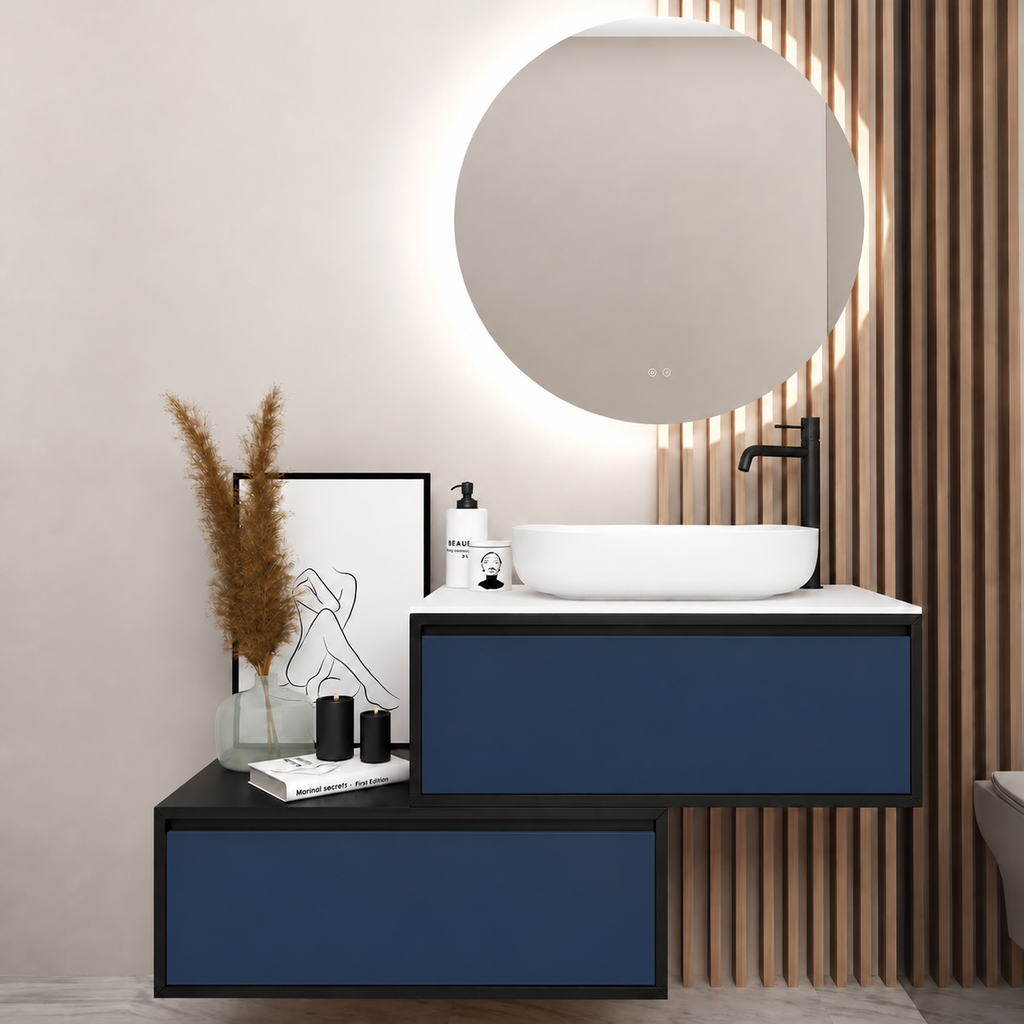 Orabella asymmetrical drawers 6040 cabinet, 167 drawer, white countertop; supplier pictured geometry