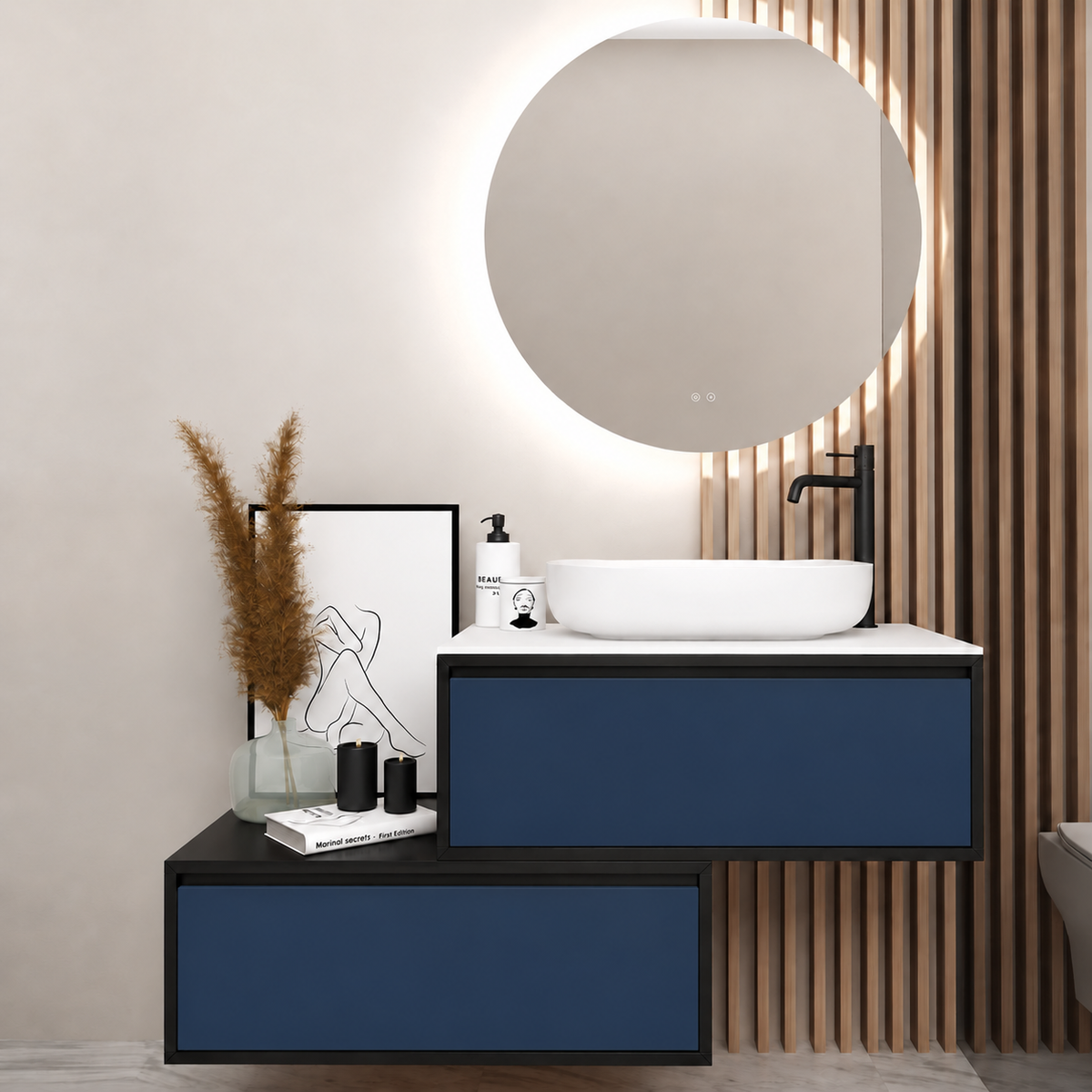 Orabella asymmetrical drawers 6040 cabinet, 167 drawer, white countertop; supplier pictured geometry