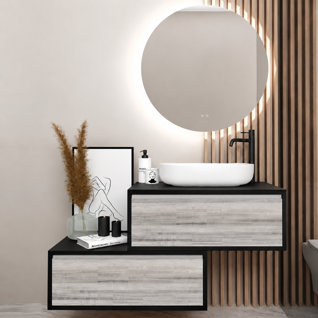Orabella asymmetrical drawers 6040 cabinet, 719 drawer, black countertop; supplier pictured geometry