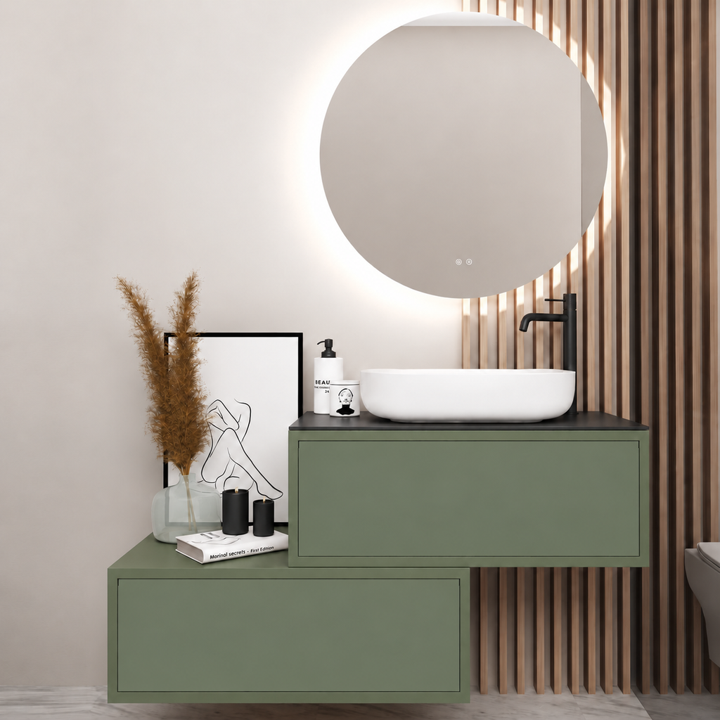 Asymmetrical Drawer vanity - cabinet 162 / drawers 162 / Black countertop