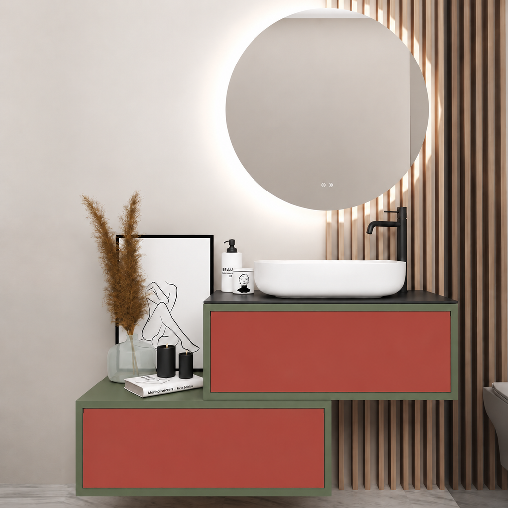 Asymmetrical Drawer vanity - cabinet 162 / drawers 165 / Black countertop