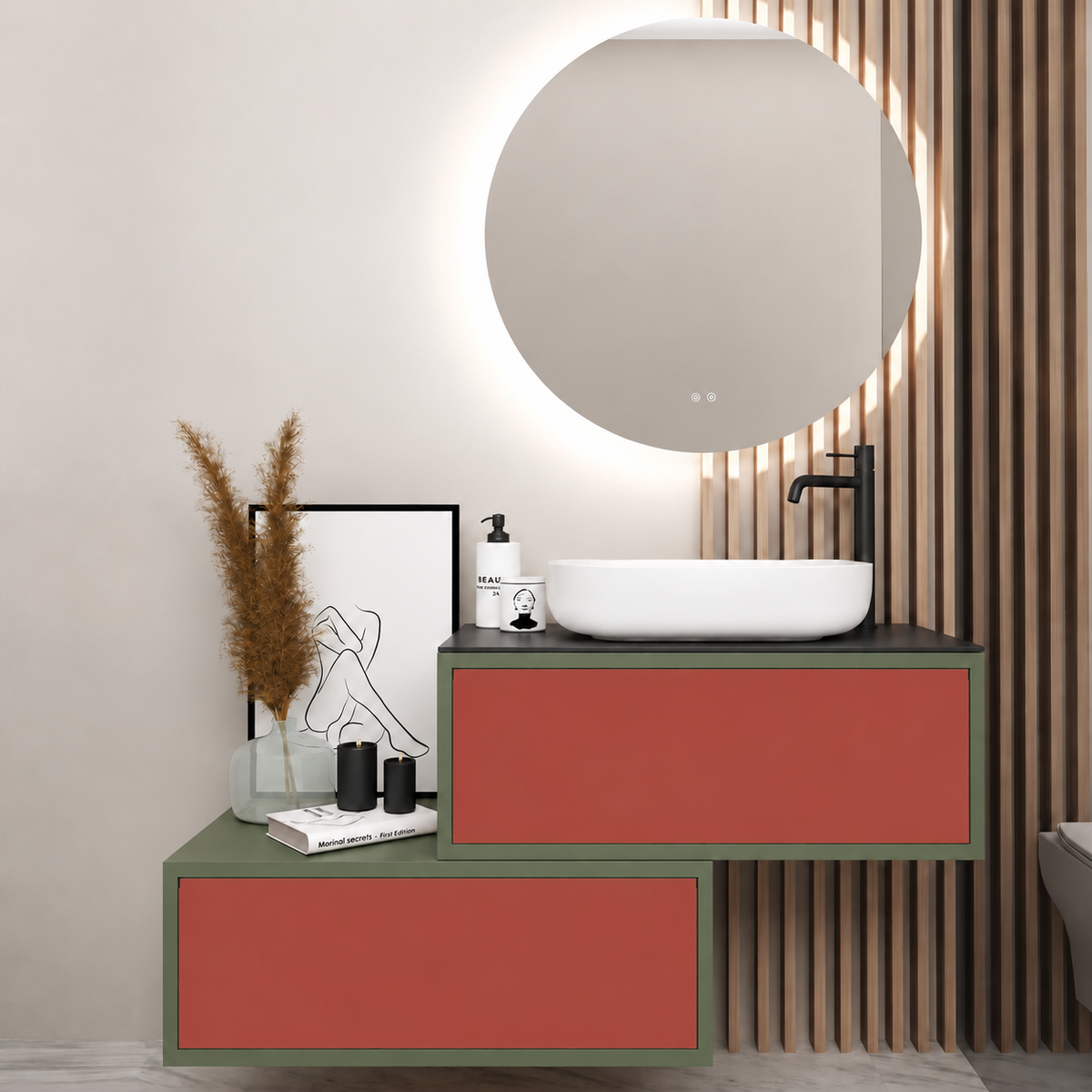 Asymmetrical Drawer vanity - cabinet 162 / drawers 165 / Black countertop