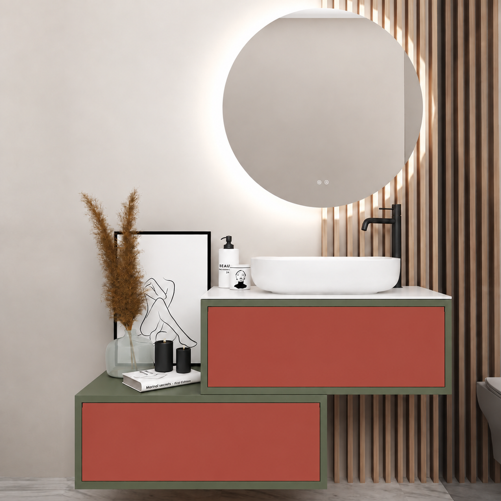 Asymmetrical Drawer vanity - cabinet 162 / drawers 165 / White countertop