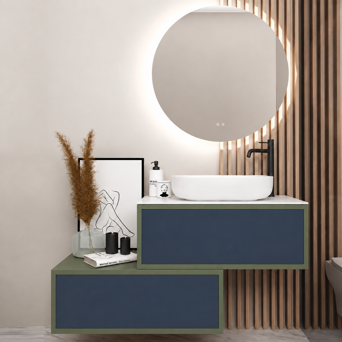 Asymmetrical Drawer vanity - cabinet 162 / drawers 167 / White countertop