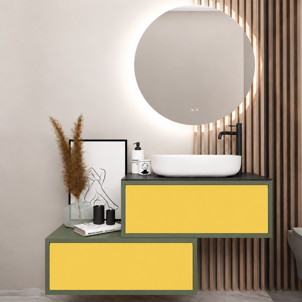 Asymmetrical Drawer vanity - cabinet 162 / drawers 168 / Black countertop