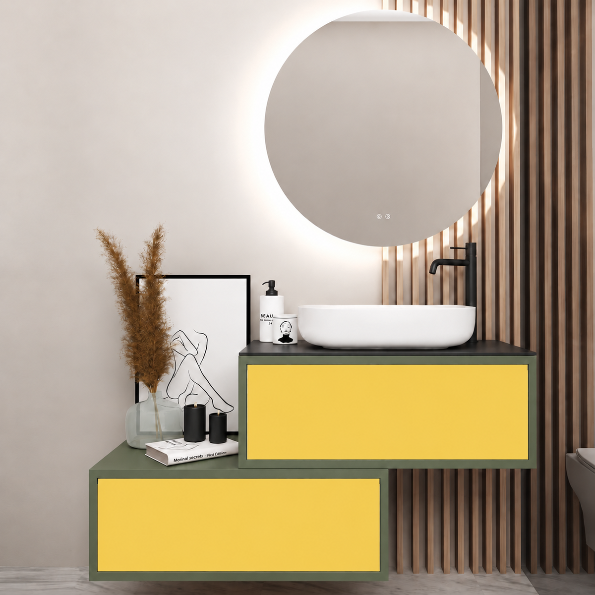 Asymmetrical Drawer vanity - cabinet 162 / drawers 168 / Black countertop