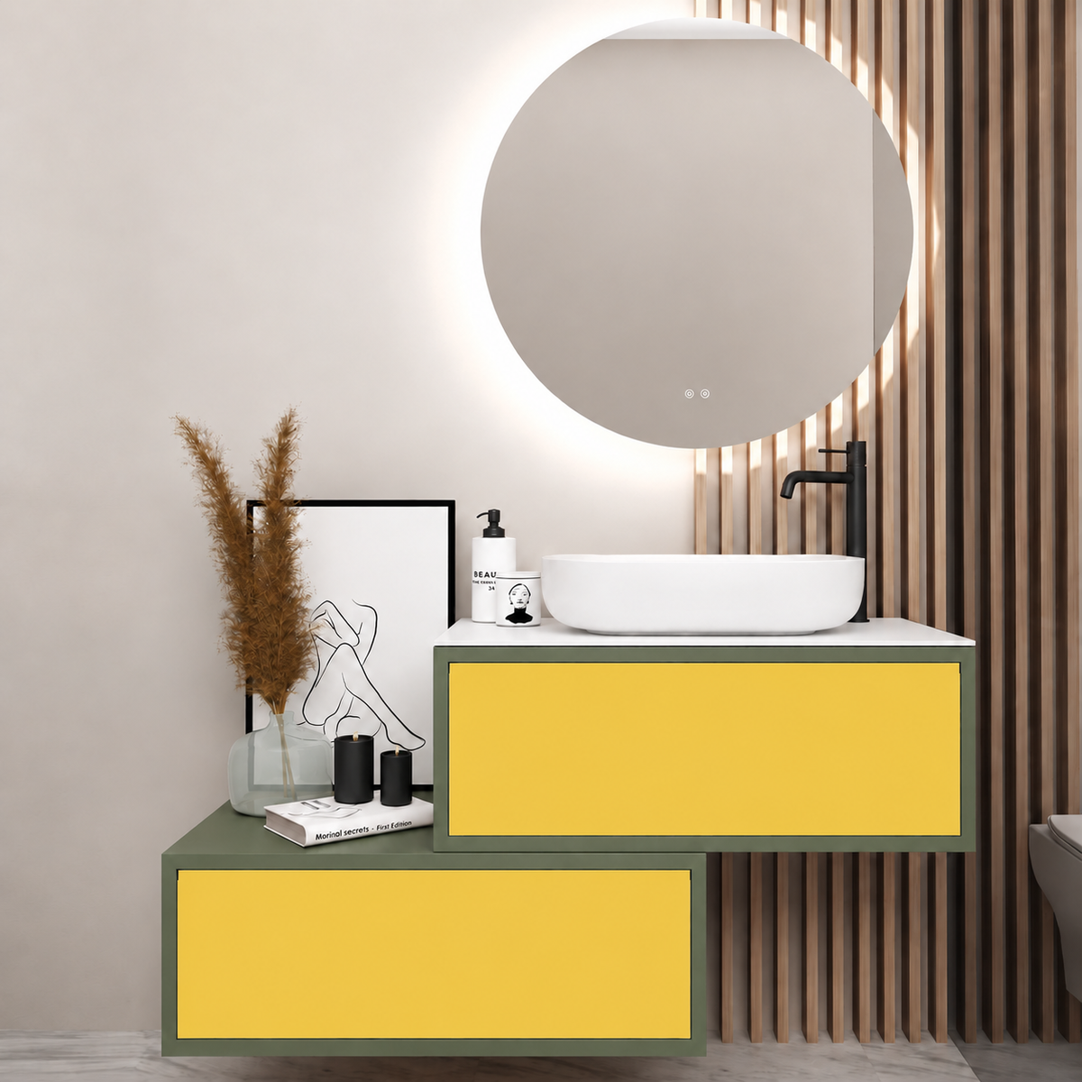 Asymmetrical Drawer vanity - cabinet 162 / drawers 168 / White countertop
