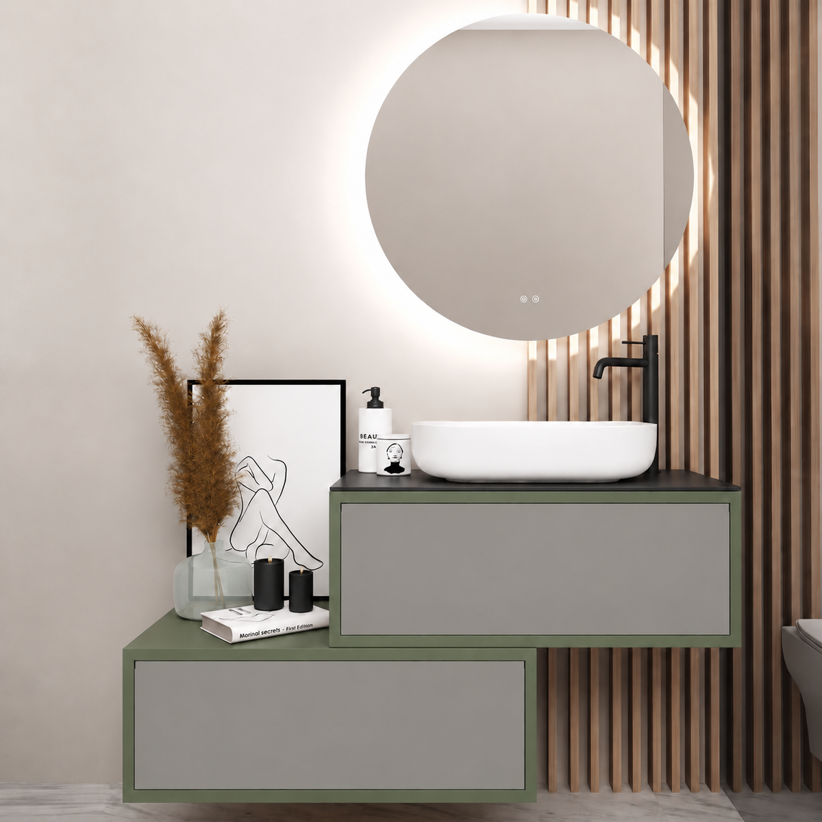Asymmetrical Drawer vanity - cabinet 162 / drawers 194 / Black countertop