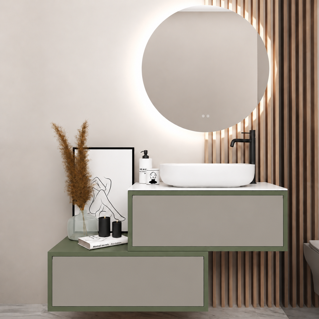 Asymmetrical Drawer vanity - cabinet 162 / drawers 194 / White countertop