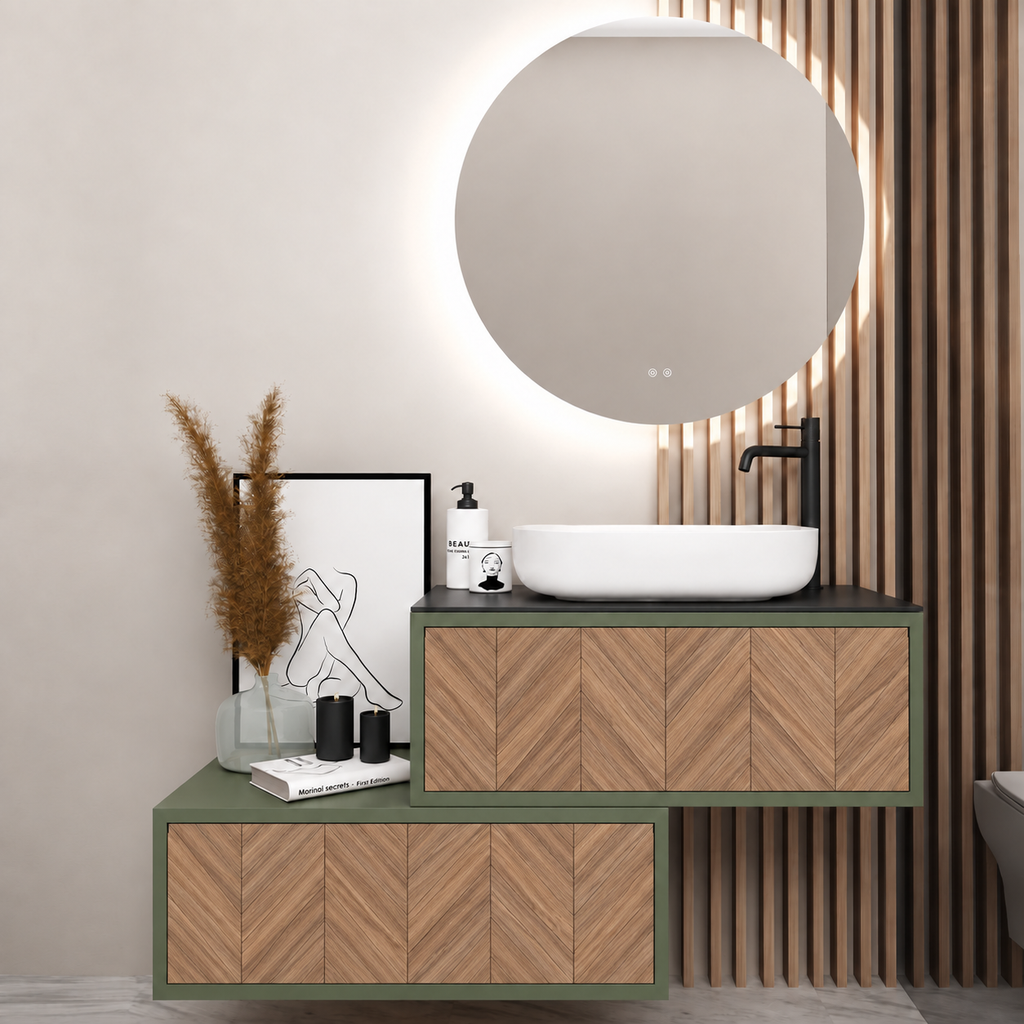 Asymmetrical Drawer vanity - cabinet 162 / drawers 270 / Black countertop