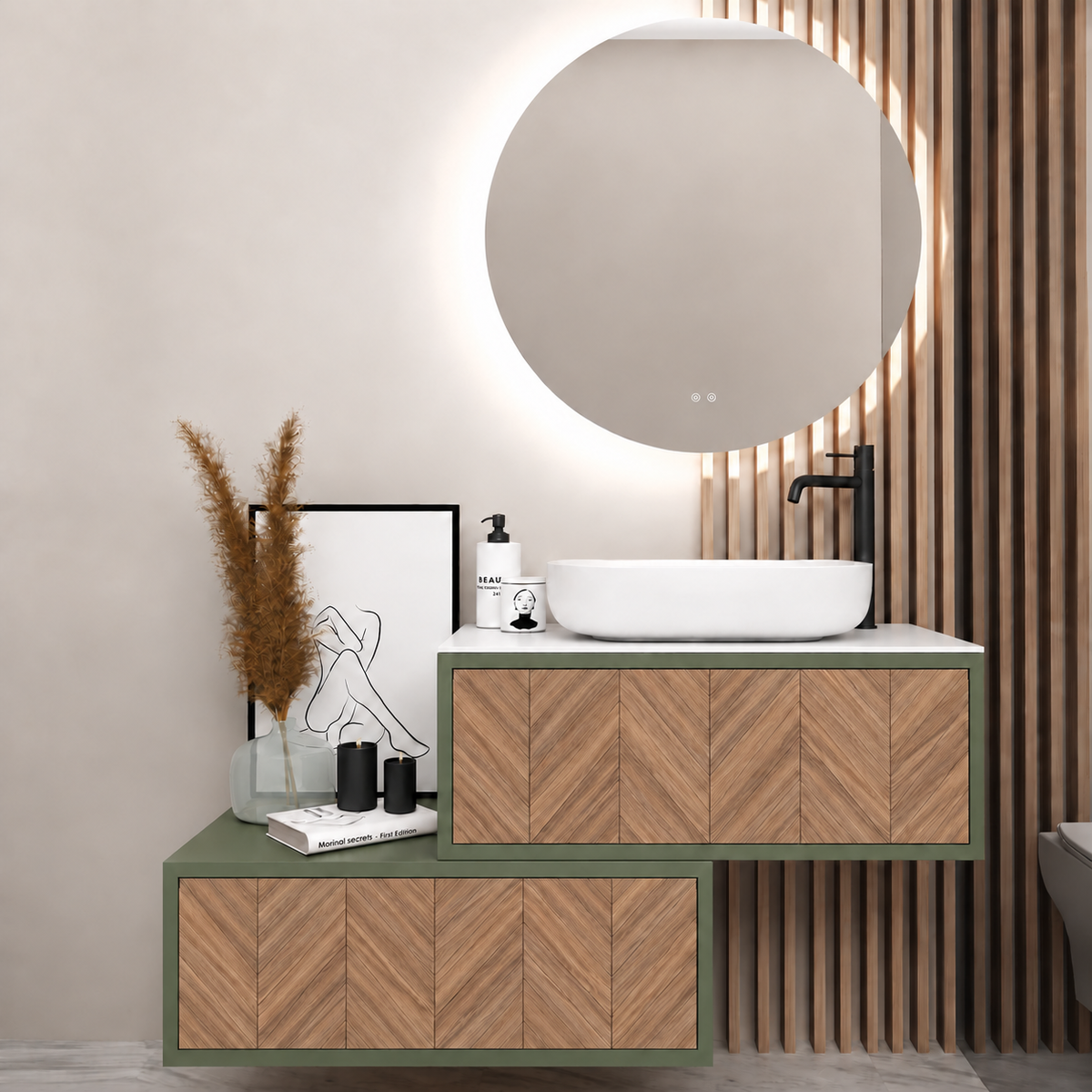 Asymmetrical Drawer vanity - cabinet 162 / drawers 270 / White countertop