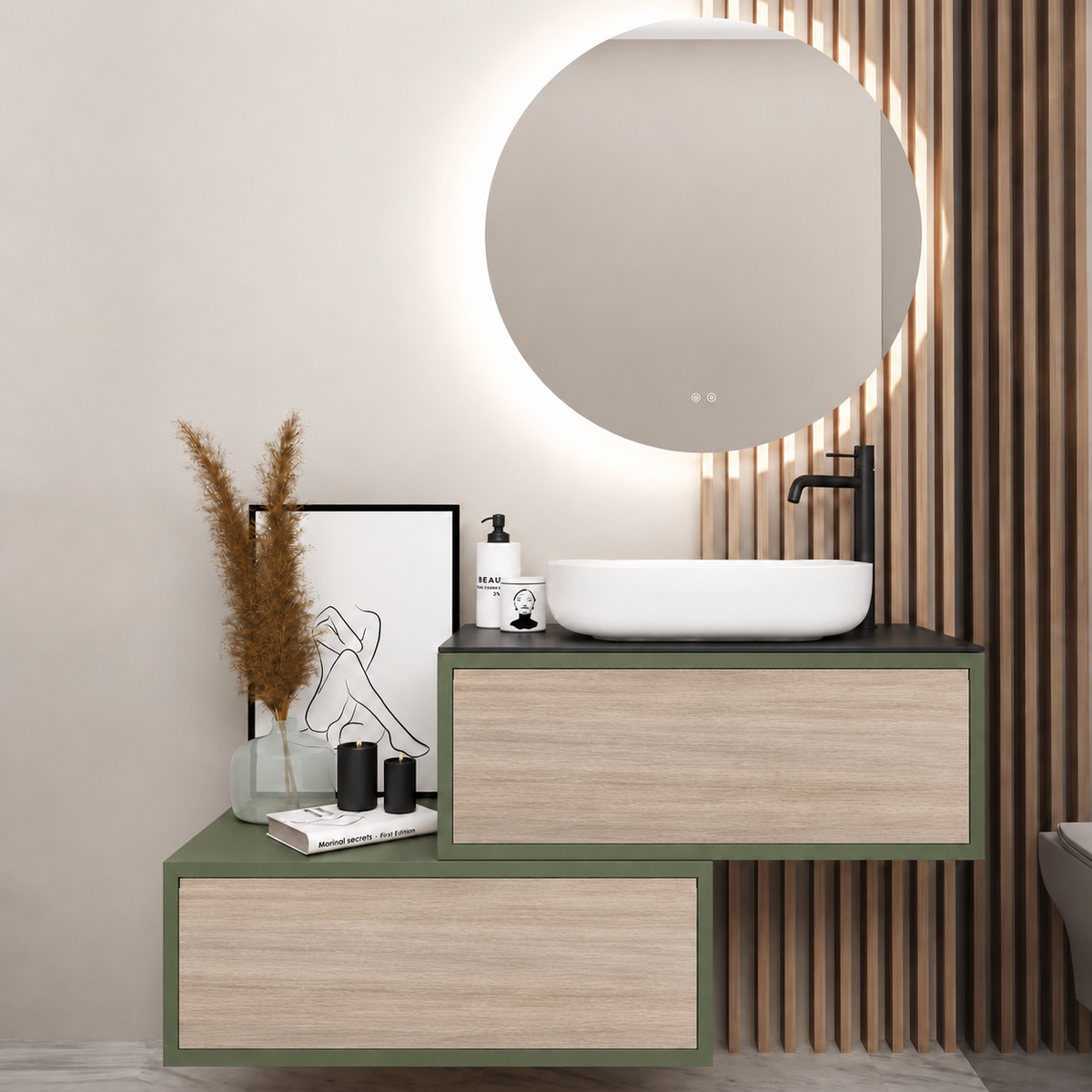 Asymmetrical Drawer vanity - cabinet 162 / drawers 326 / Black countertop