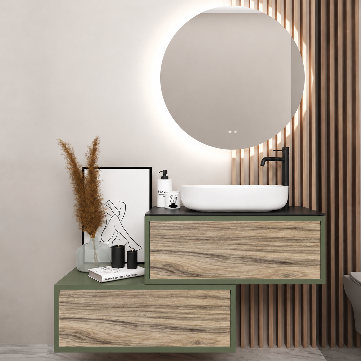 Asymmetrical Drawer vanity - cabinet 162 / drawers 390 / Black countertop