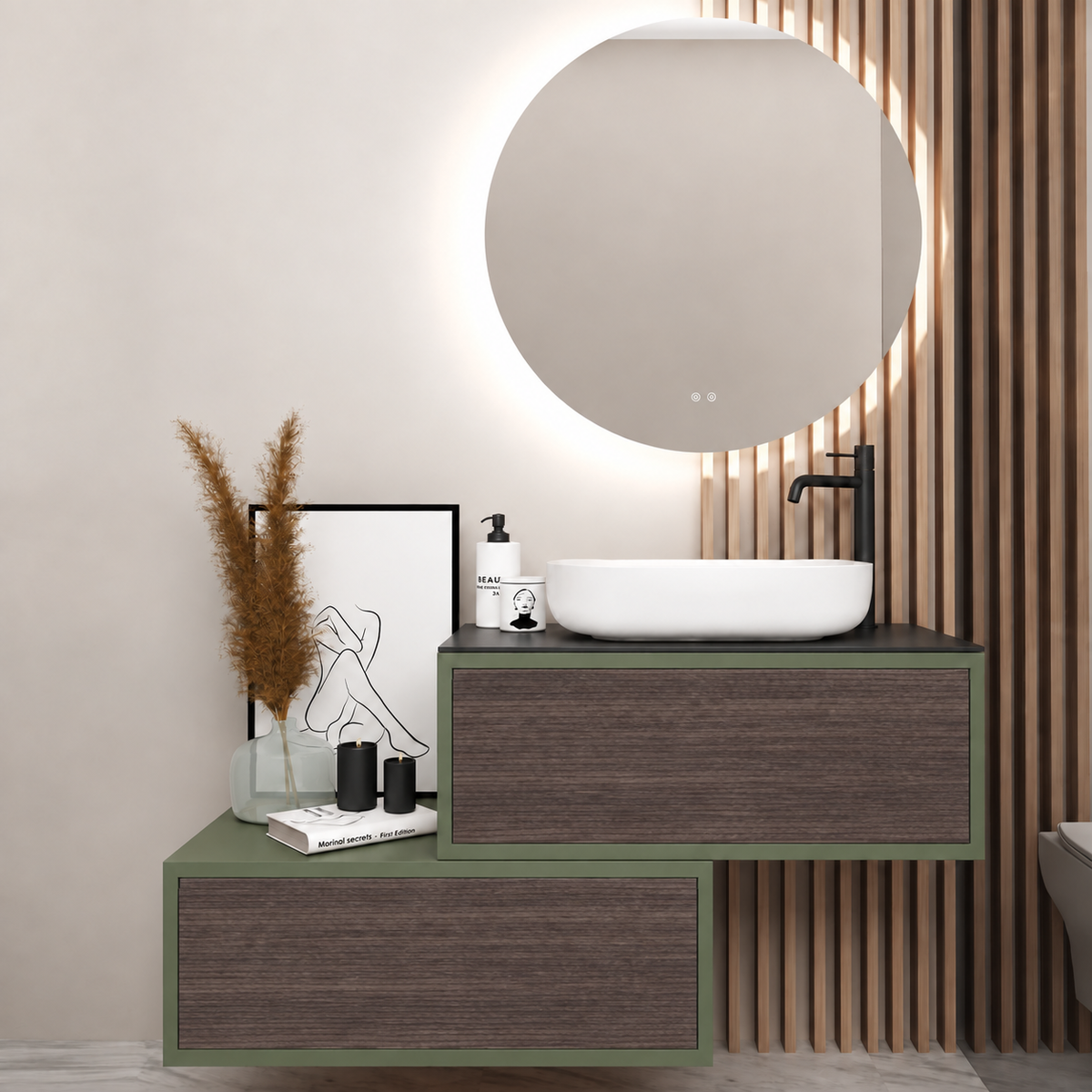 Asymmetrical Drawer vanity - cabinet 162 / drawers 399 / Black countertop