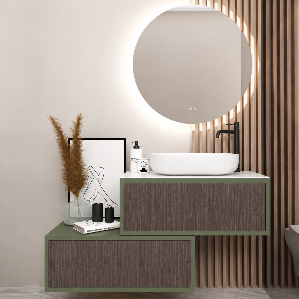 Asymmetrical Drawer vanity - cabinet 162 / drawers 399 / White countertop