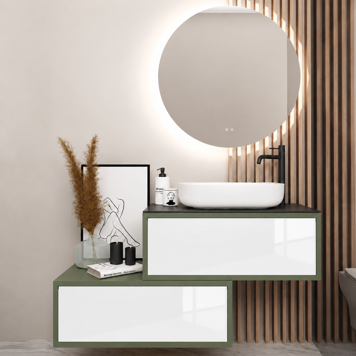 Asymmetrical Drawer vanity - cabinet 162 / drawers 6010 / Black countertop