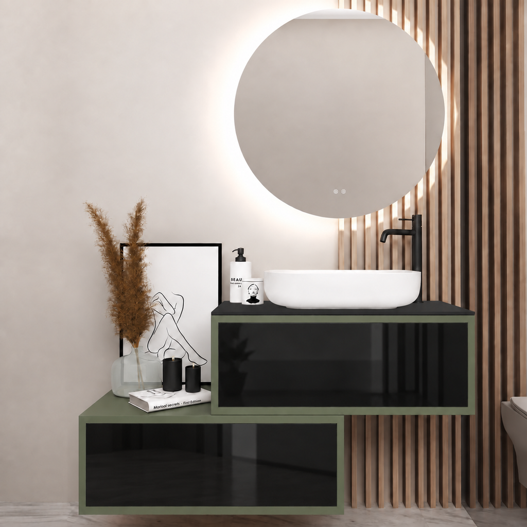 Asymmetrical Drawer vanity - cabinet 162 / drawers 6040 / Black countertop