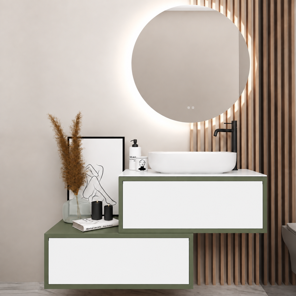Asymmetrical Drawer vanity - cabinet 162 / drawers 6080 / White countertop
