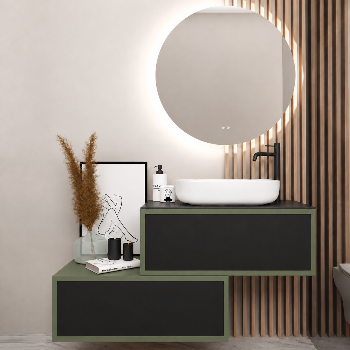 Asymmetrical Drawer vanity - cabinet 162 / drawers 6090 / Black countertop