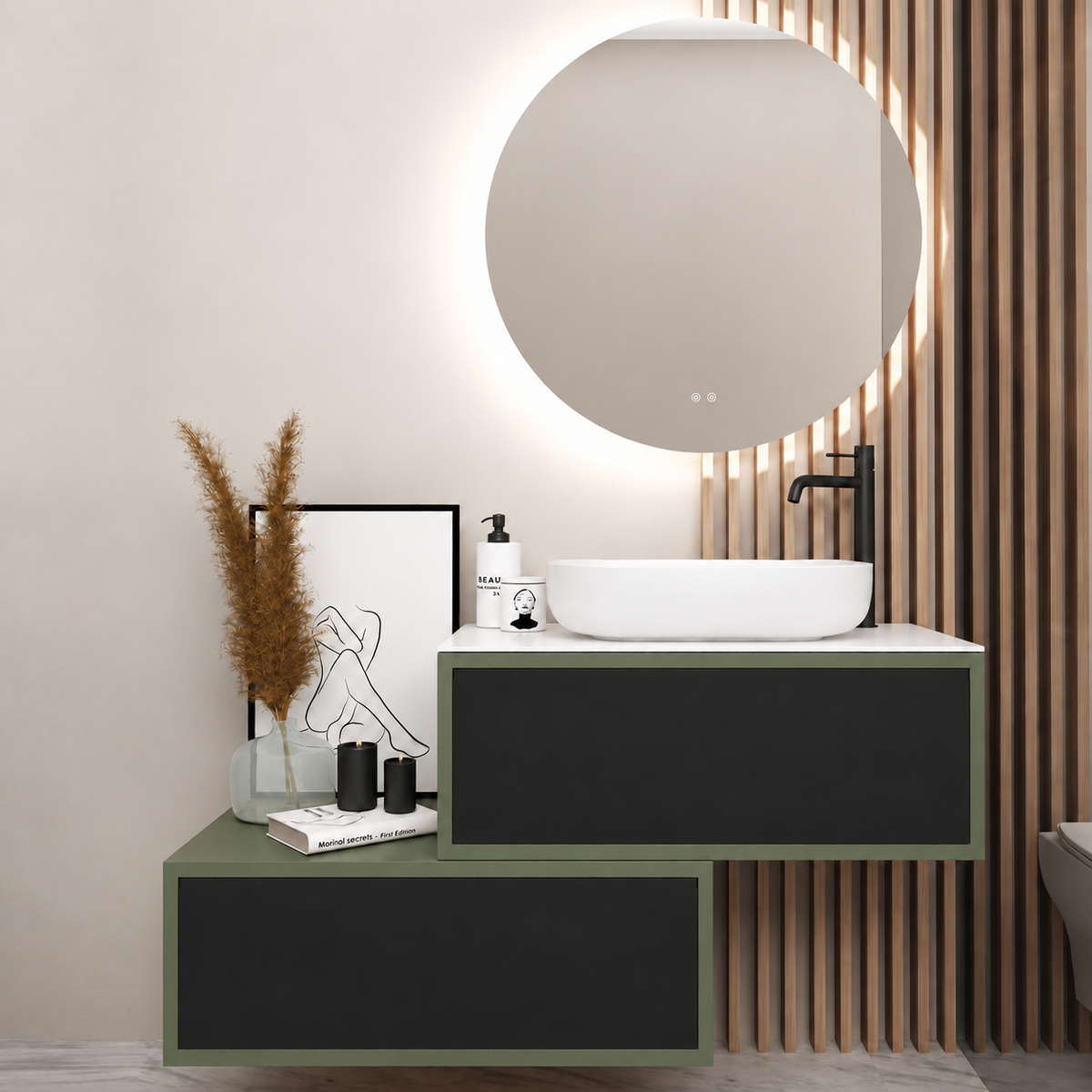 Asymmetrical Drawer vanity - cabinet 162 / drawers 6090 / White countertop
