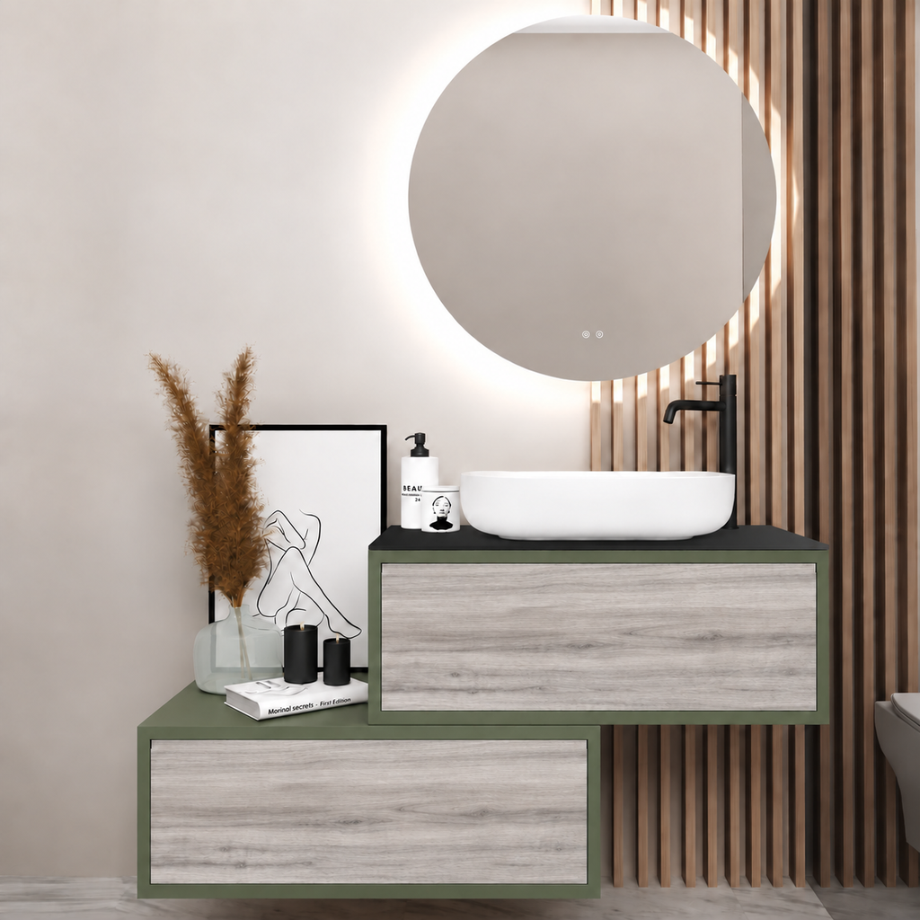 Asymmetrical Drawer vanity - cabinet 162 / drawers 719 / Black countertop