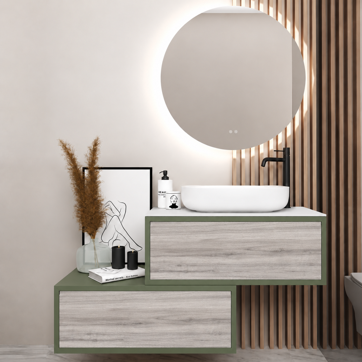 Asymmetrical Drawer vanity - cabinet 162 / drawers 719 / White countertop