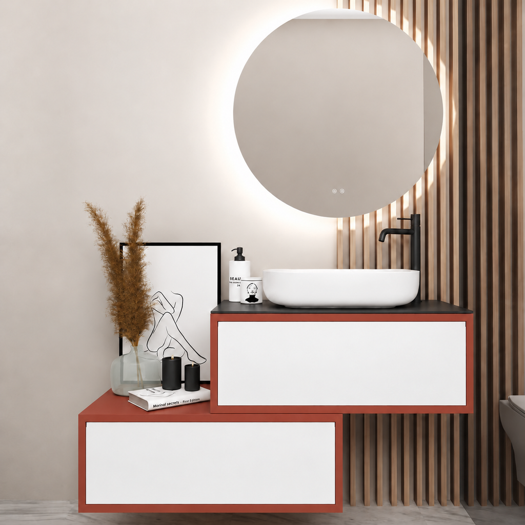 Asymmetrical Drawer vanity - cabinet 165 / drawers 101 / Black countertop