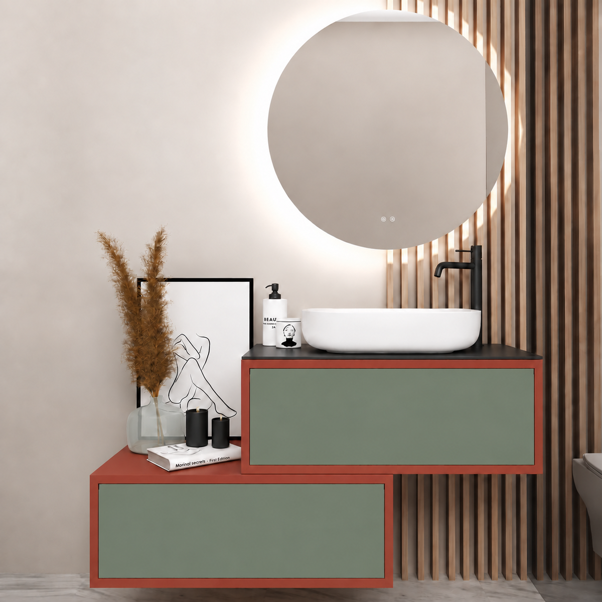 Asymmetrical Drawer vanity - cabinet 165 / drawers 162 / Black countertop