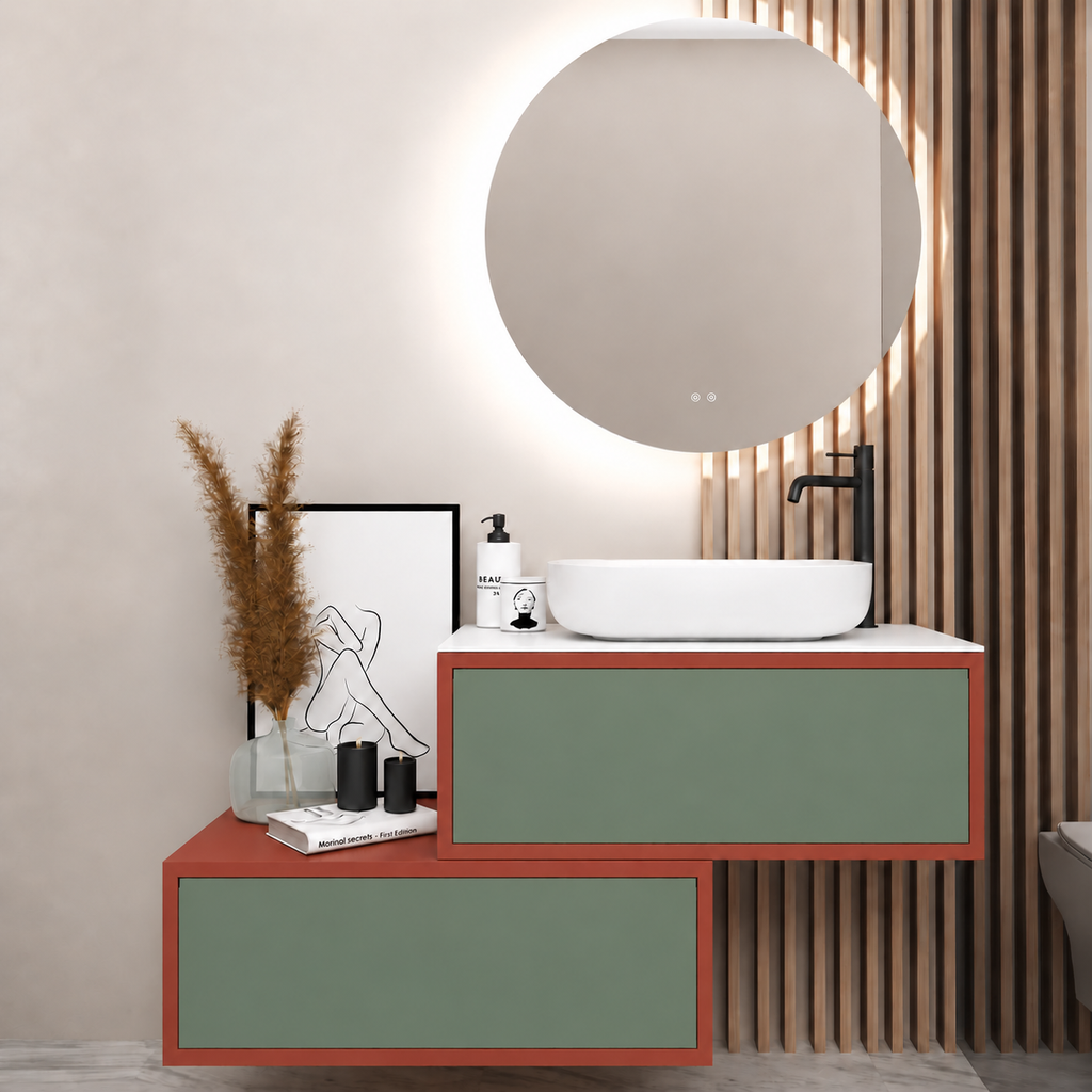 Asymmetrical Drawer vanity - cabinet 165 / drawers 162 / White countertop
