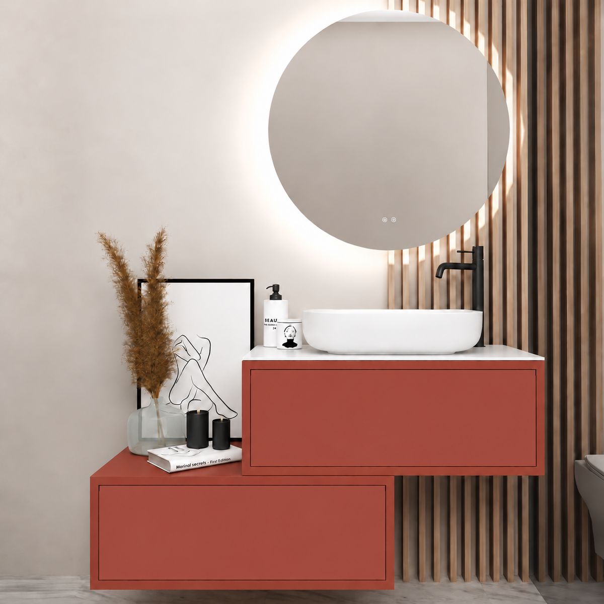 Asymmetrical Drawer vanity - cabinet 165 / drawers 165 / White countertop