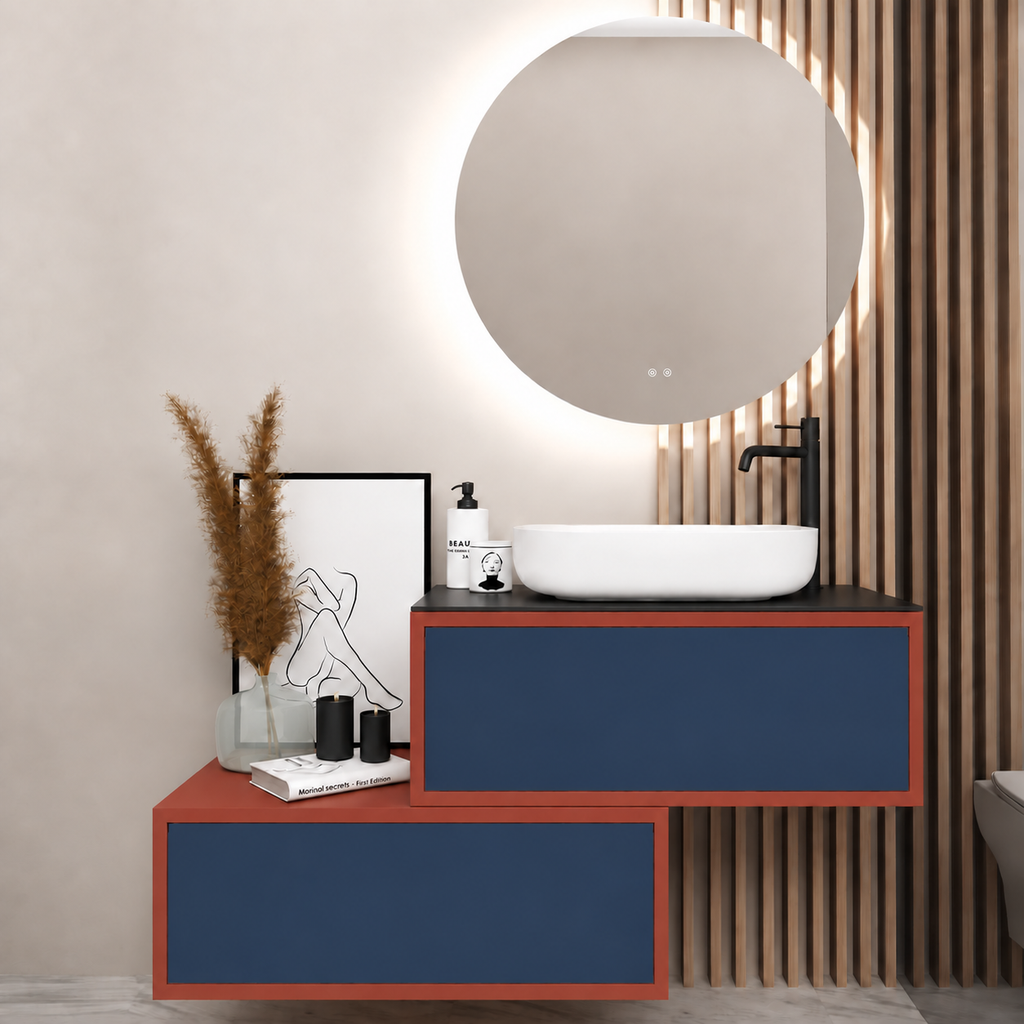 Asymmetrical Drawer vanity - cabinet 165 / drawers 167 / Black countertop