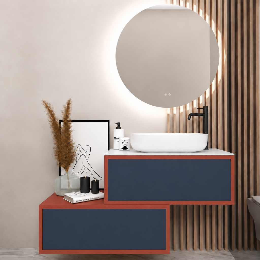 Asymmetrical Drawer vanity - cabinet 165 / drawers 167 / White countertop