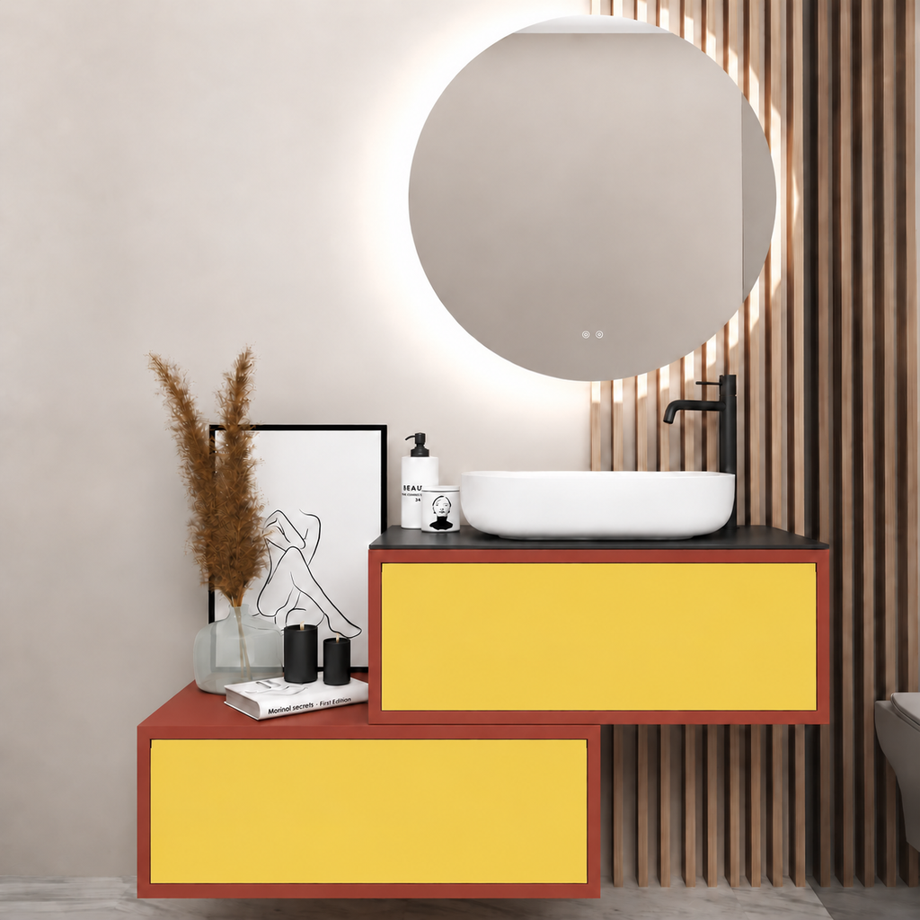 Asymmetrical Drawer vanity - cabinet 165 / drawers 168 / Black countertop