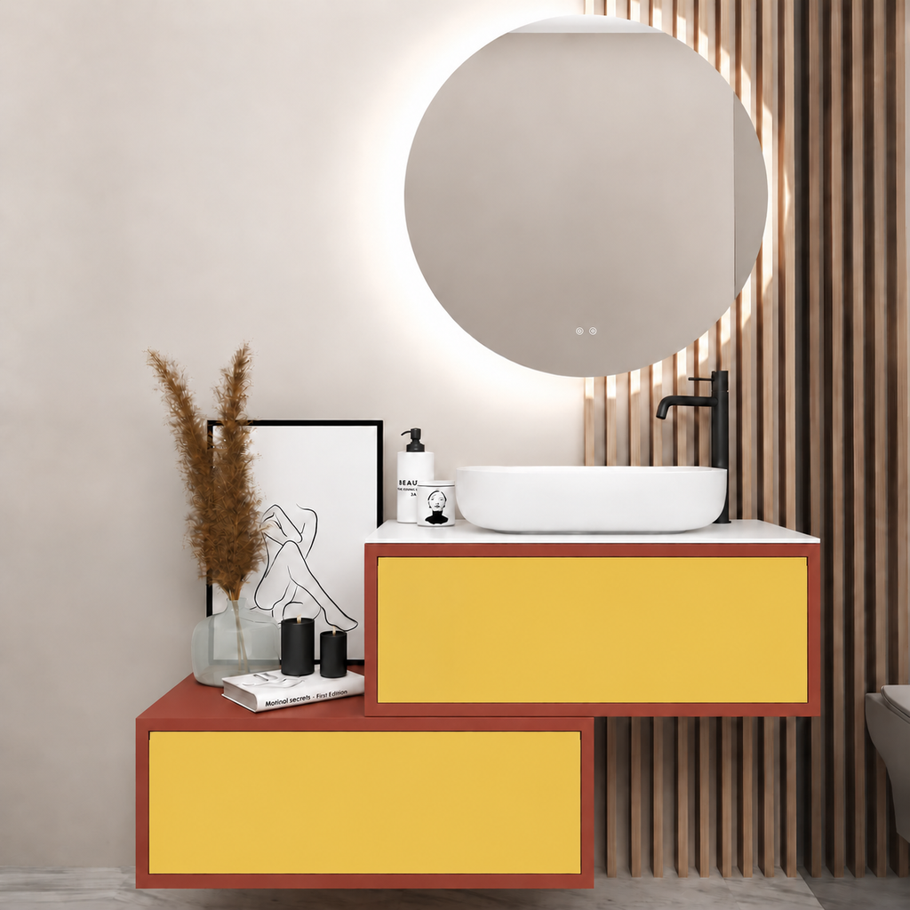 Asymmetrical Drawer vanity - cabinet 165 / drawers 168 / White countertop