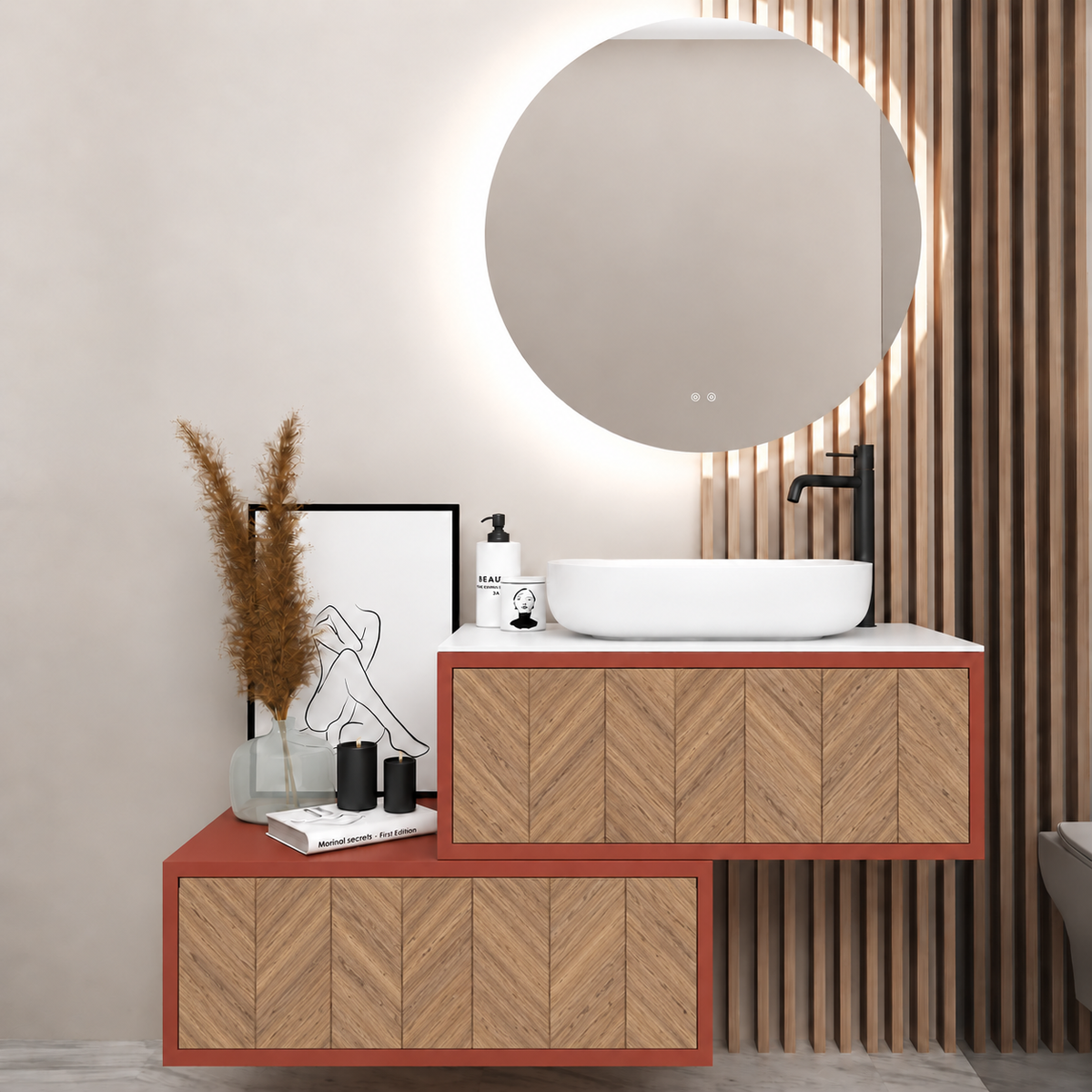 Asymmetrical Drawer vanity - cabinet 165 / drawers 270 / White countertop
