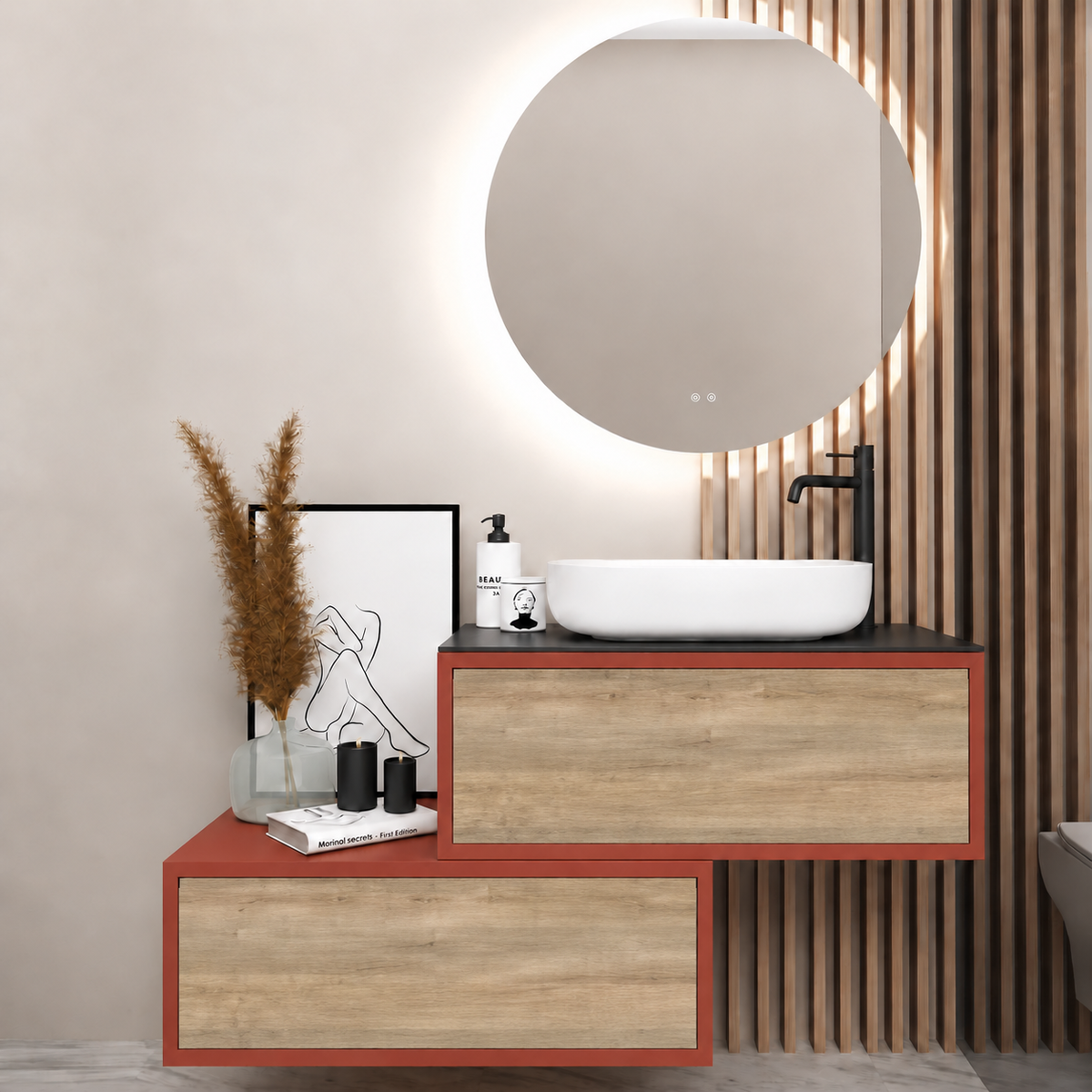 Asymmetrical Drawer vanity - cabinet 165 / drawers 331 / Black countertop