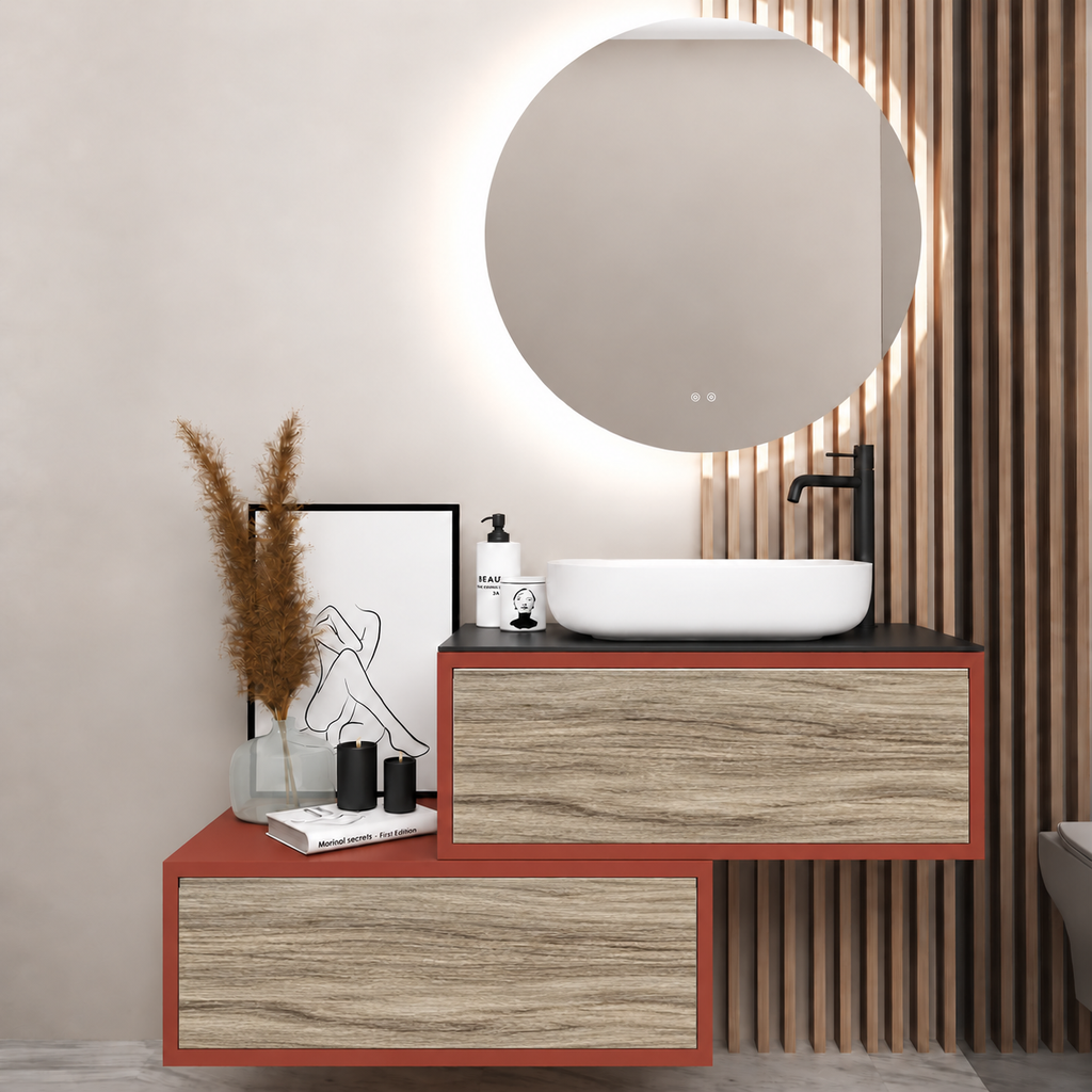 Asymmetrical Drawer vanity - cabinet 165 / drawers 390 / Black countertop
