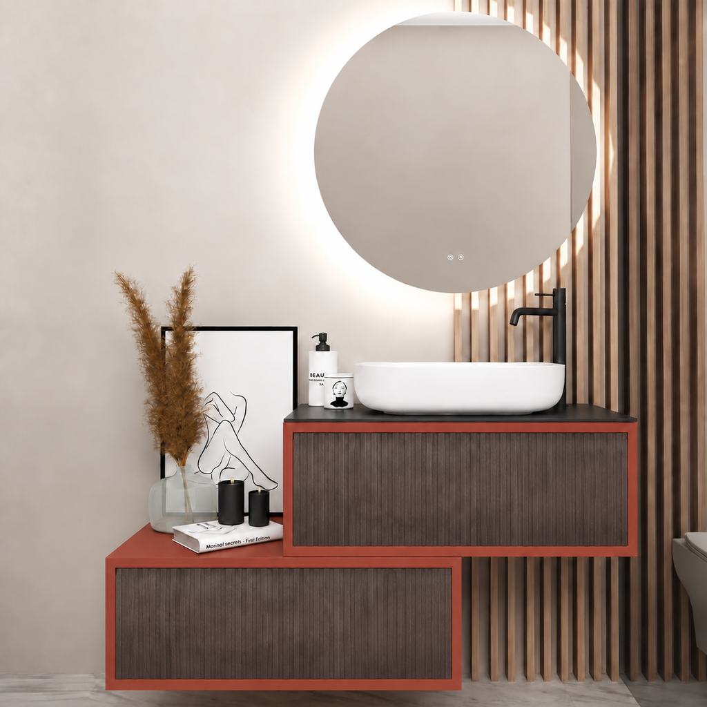 Asymmetrical Drawer vanity - cabinet 165 / drawers 399 / Black countertop