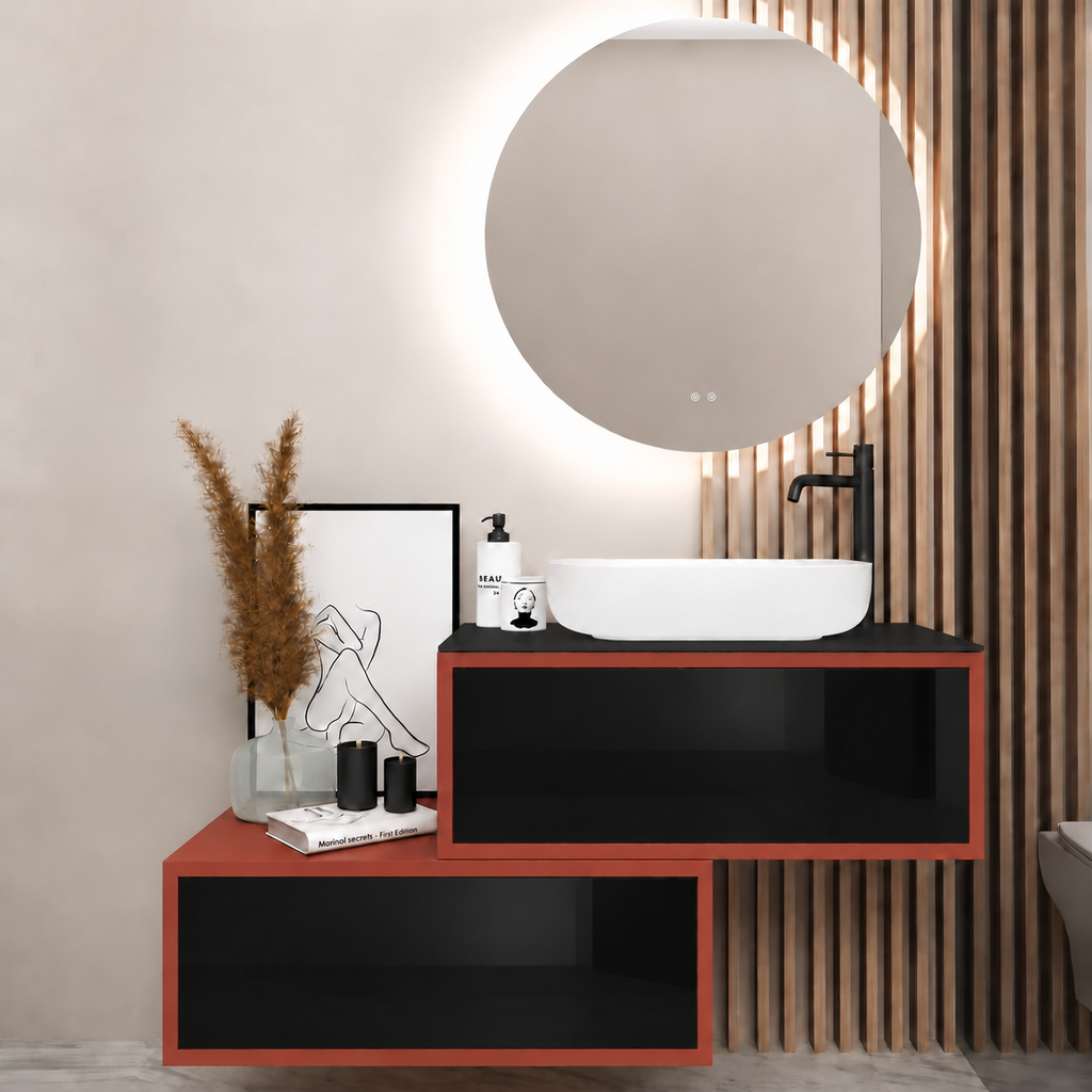 Asymmetrical Drawer vanity - cabinet 165 / drawers 6040 / Black countertop