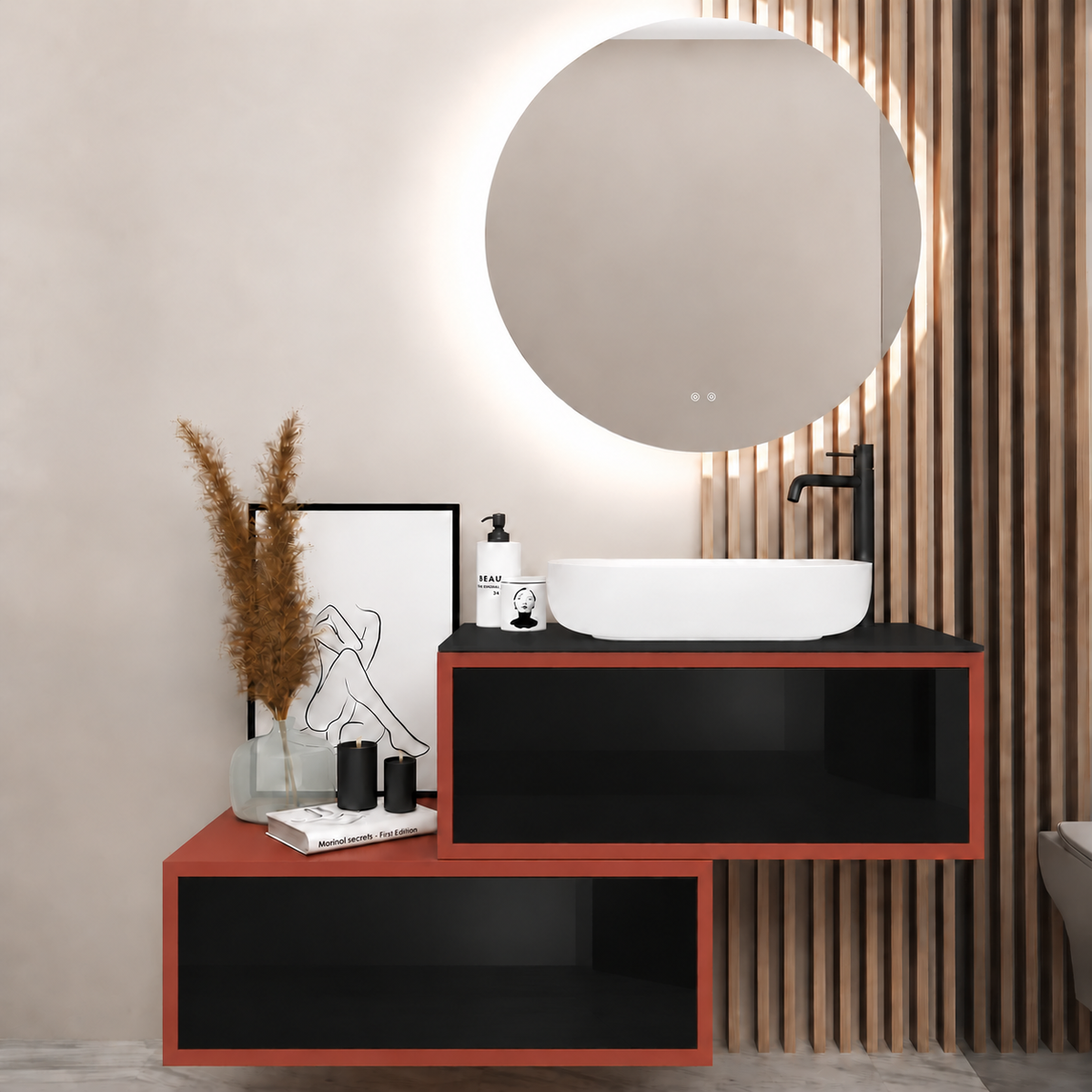 Asymmetrical Drawer vanity - cabinet 165 / drawers 6040 / Black countertop