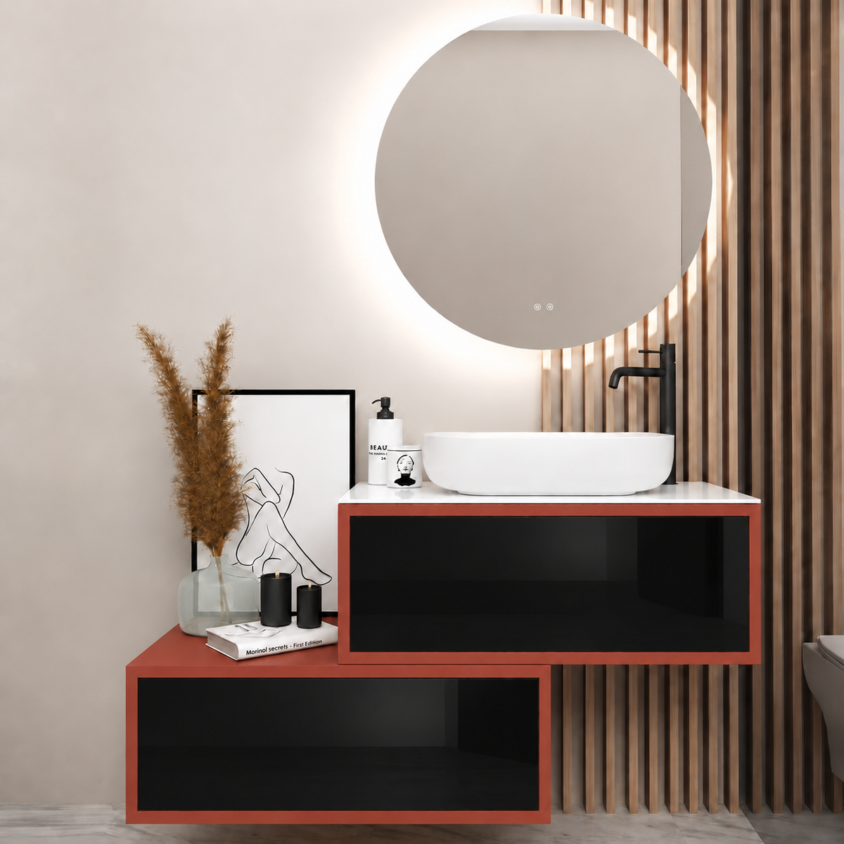 Asymmetrical Drawer vanity - cabinet 165 / drawers 6040 / White countertop