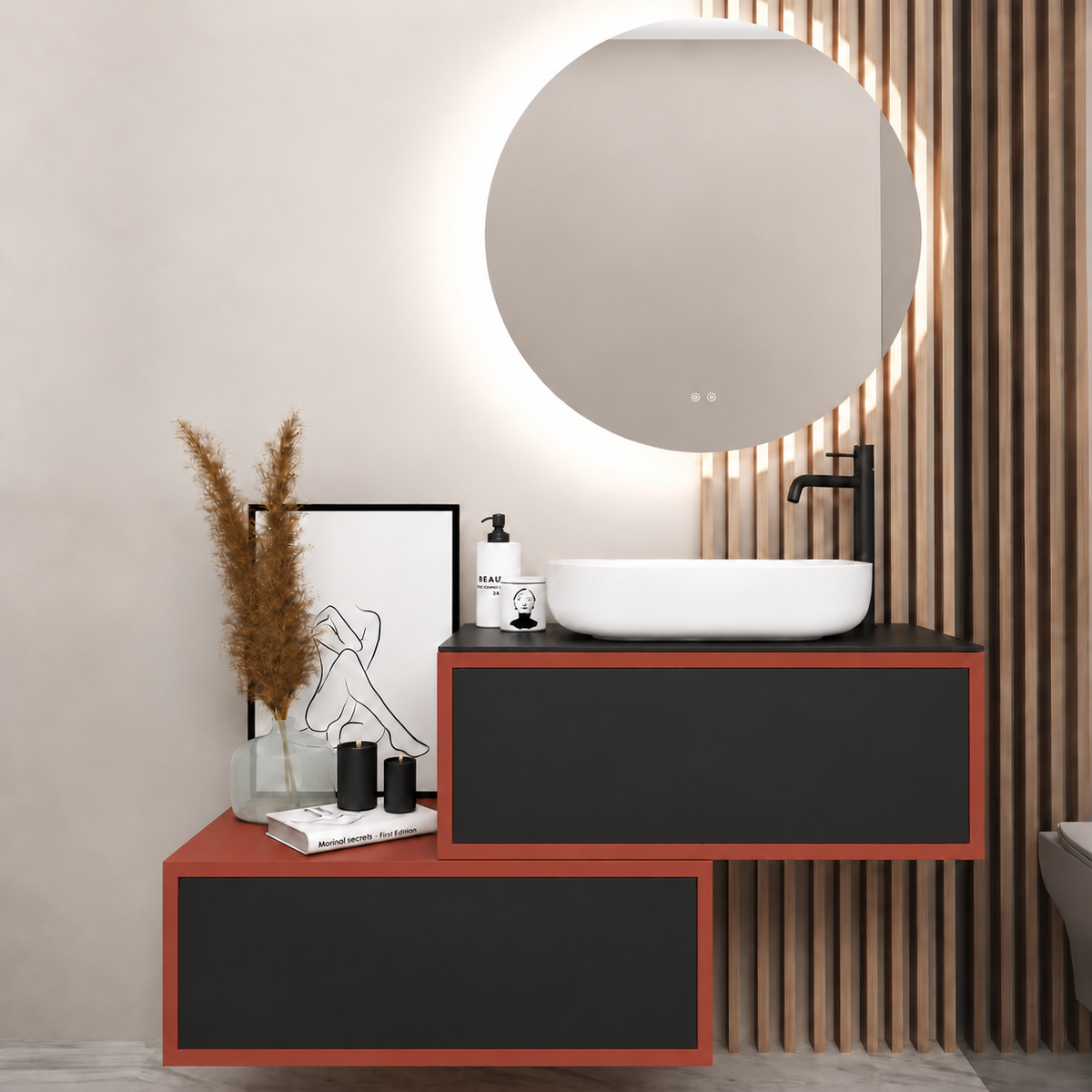 Asymmetrical Drawer vanity - cabinet 165 / drawers 6090 / Black countertop